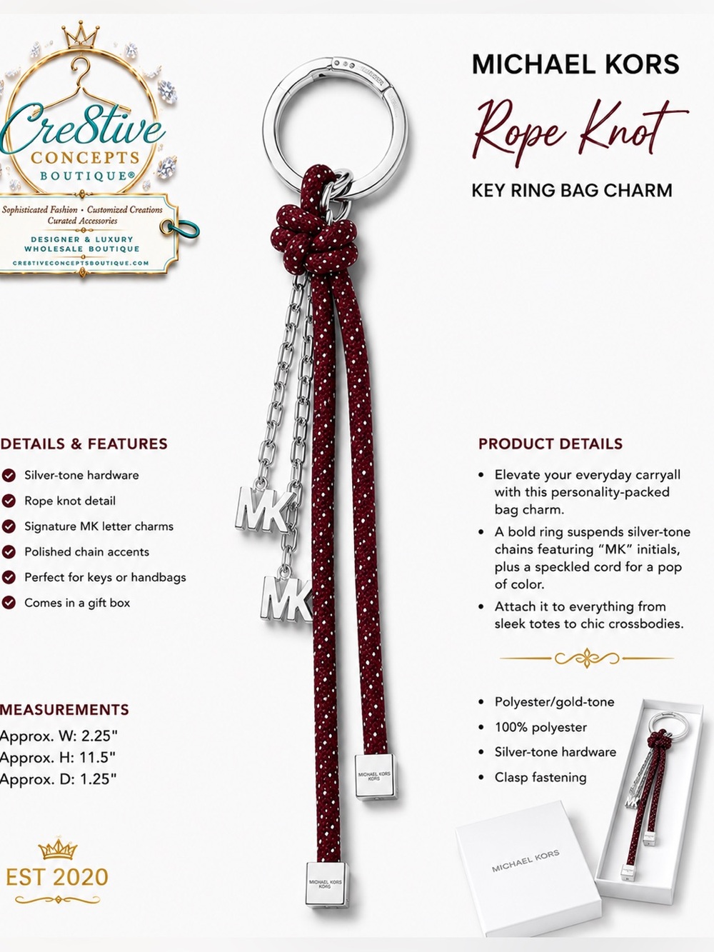 Michael Kors, Rope Knot Key Ring/Bag Charm-Silver Hardware - Picture 2 of 6